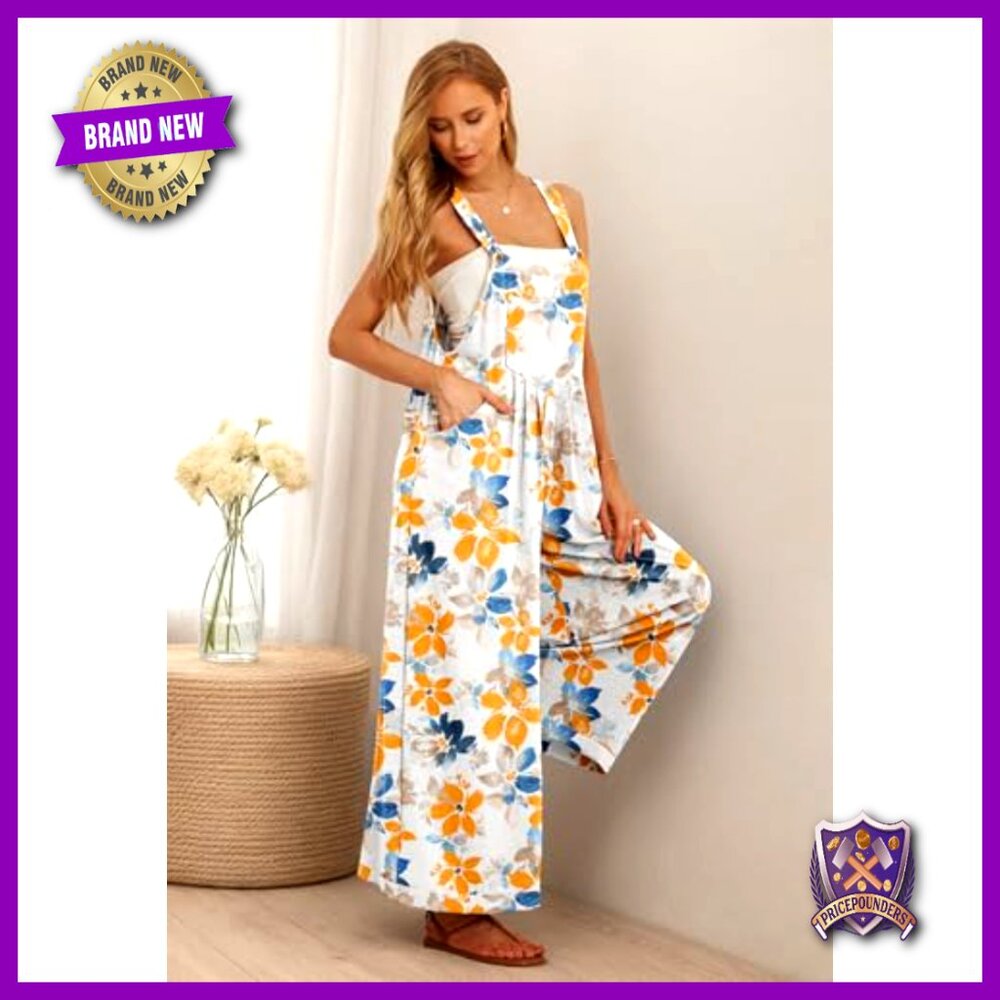 Wide Leg Jumpsuit Overalls with Pockets, 100% Polyester, Loose Fit - Picture 5 of 7